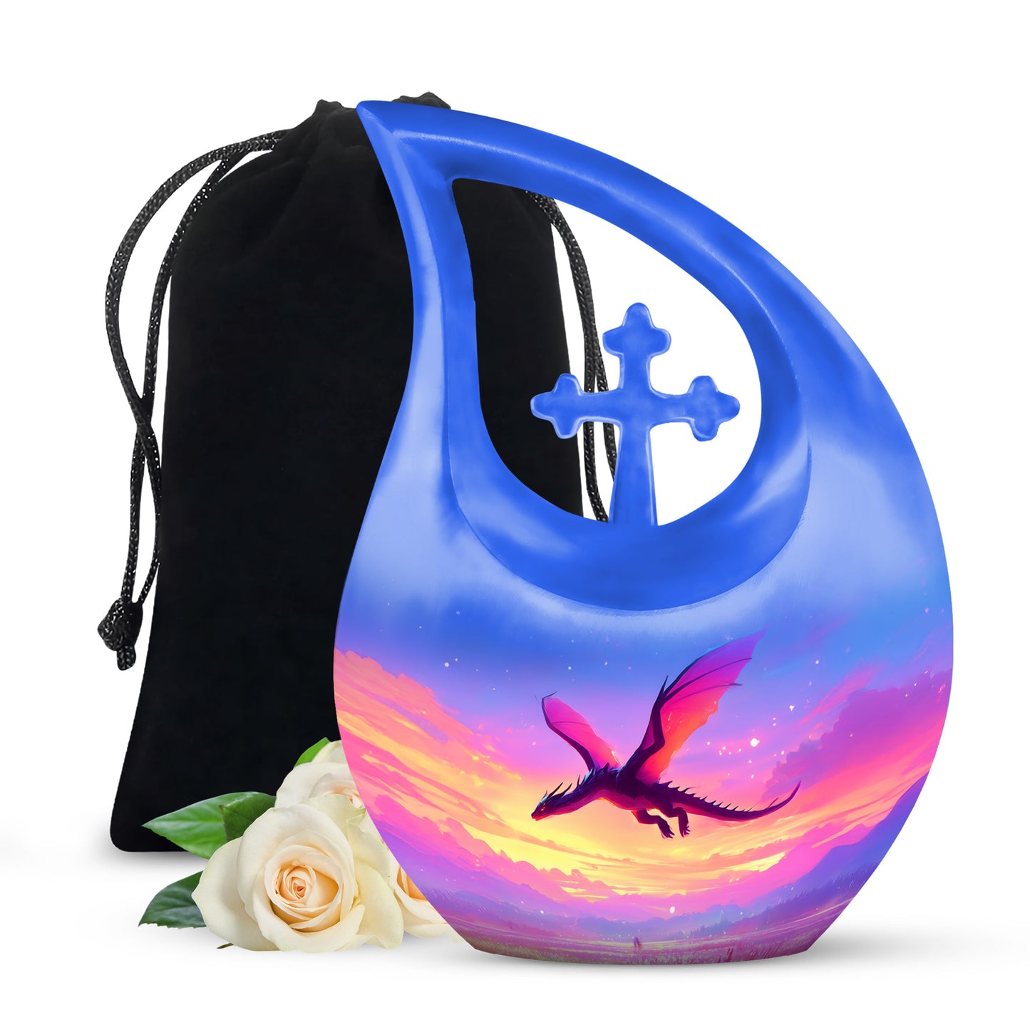 Bright Blue Dragon Cremation Urn top-down view of secure threaded lid - faith-inspired cross-drop urn with dragon pattern - full-size 10 inch 200 cubic inch adult cremation urn