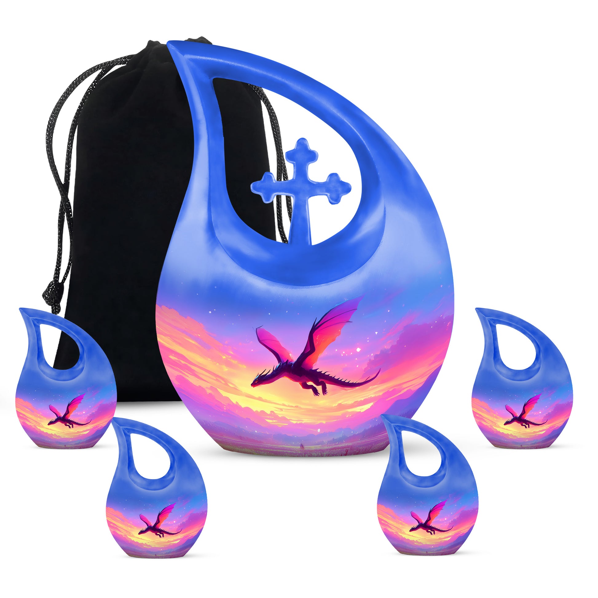 Vivid Blue Dragon Cremation Urn urn with complimentary velvet bag - faith-inspired cross-drop urn with dragon pattern - memorial set with one large and four small urns