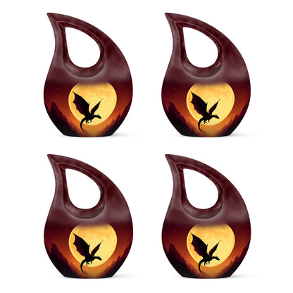 Garnet Red Dragon Cremation Urn lifestyle display on memorial shelf - cross and dragon combined in spiritual memorial design - 10 inch aluminum urn for cremated remains