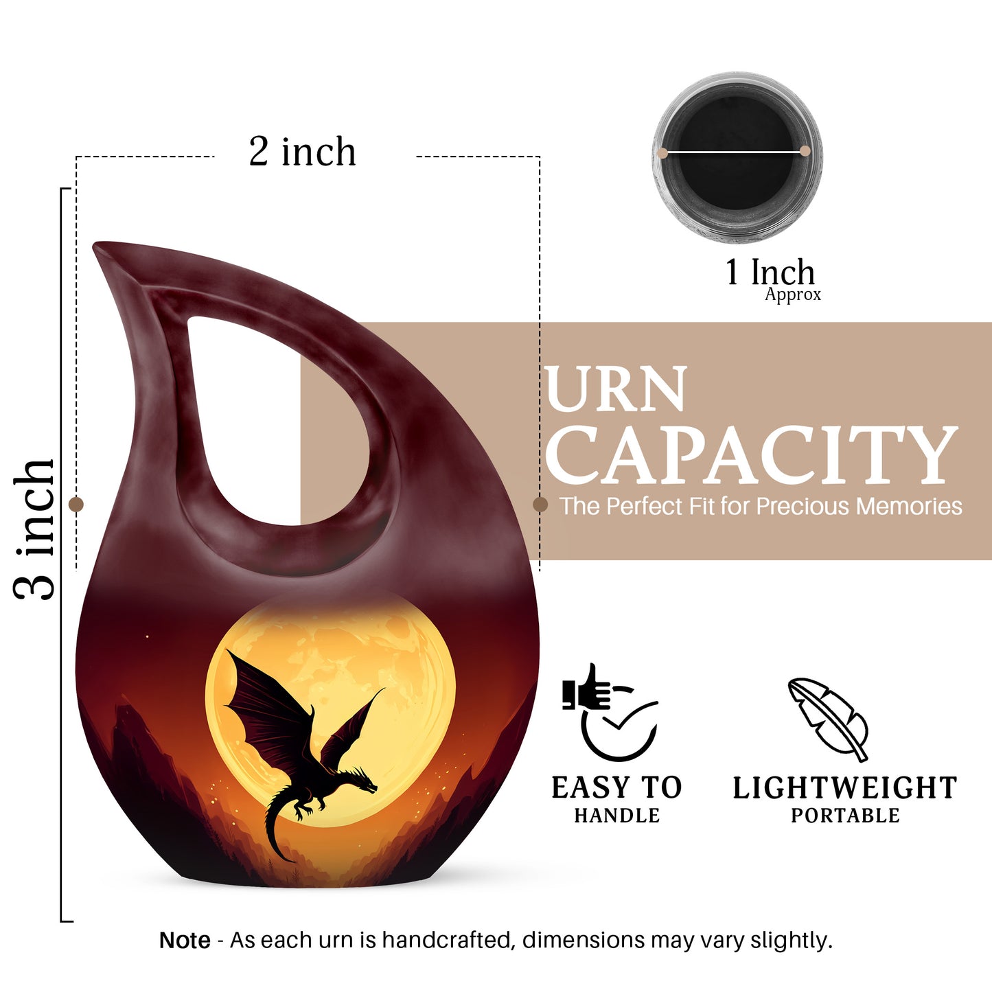 Cherry Red Dragon Cremation Urn back view with polished surface - devotional cross-drop dragon engraving - mini keepsake memorial for portion of cremation ashes