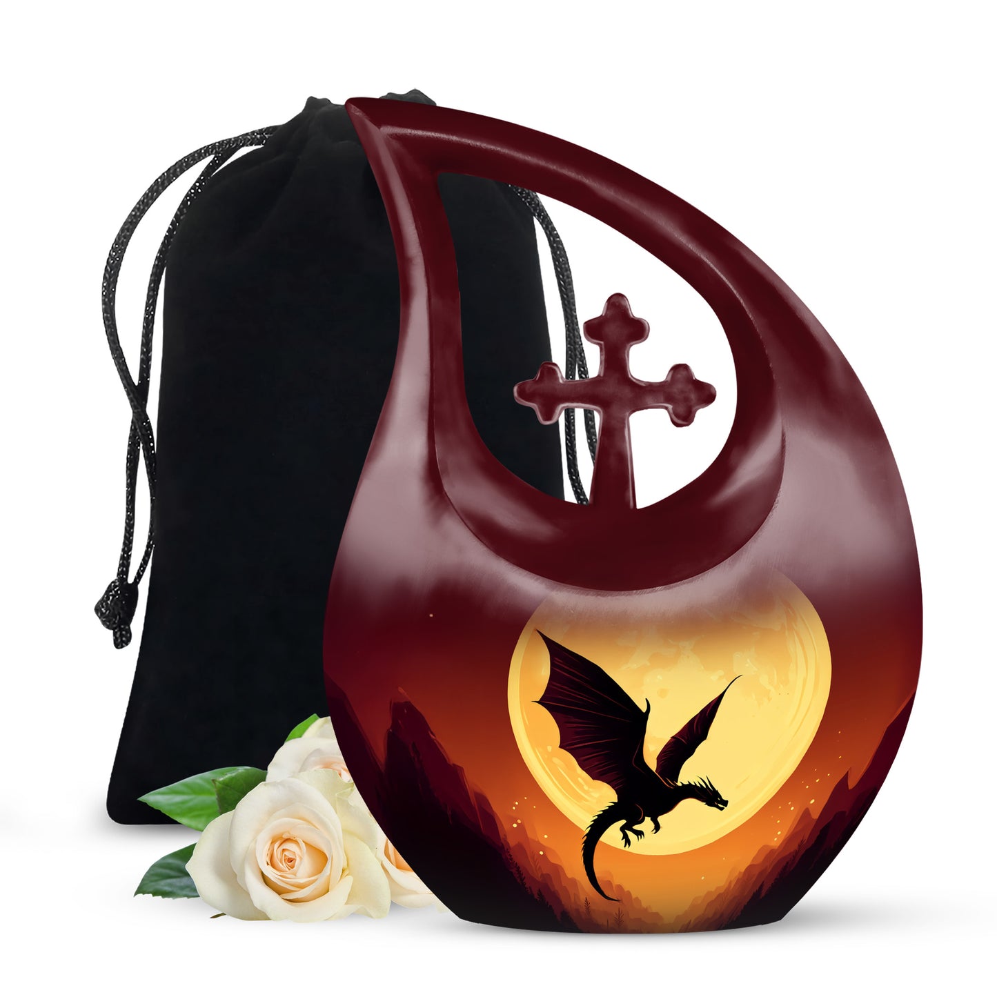 Crimson Red Dragon Cremation Urn top-down view of secure threaded lid - sacred cross merged with dragon motif on metal - full-size 10 inch 200 cubic inch adult cremation urn
