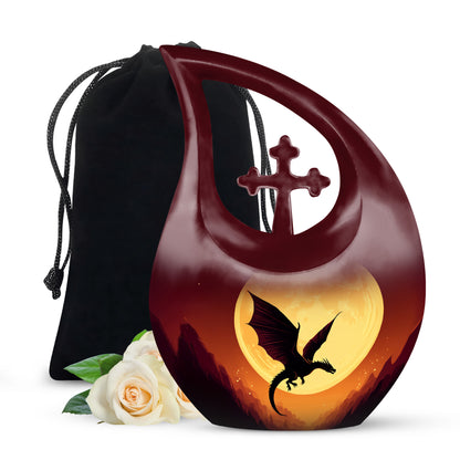 Crimson Red Dragon Cremation Urn top-down view of secure threaded lid - sacred cross merged with dragon motif on metal - full-size 10 inch 200 cubic inch adult cremation urn