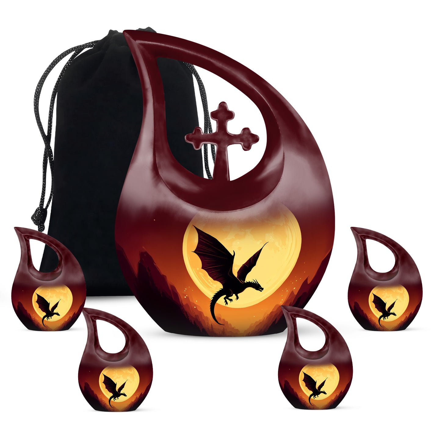 Deep Red Dragon Cremation Urn urn with complimentary velvet bag - sacred cross merged with dragon motif on metal - memorial set with one large and four small urns