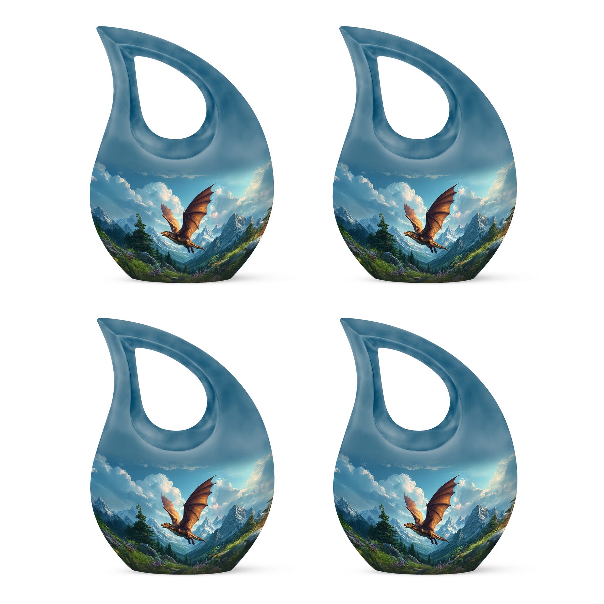 Dusty Blue Dragon Cremation Urn lifestyle display on memorial shelf - sacred cross merged with dragon motif on metal - 10 inch aluminum urn for cremated remains