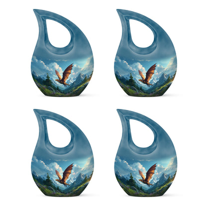 Dusty Blue Dragon Cremation Urn lifestyle display on memorial shelf - sacred cross merged with dragon motif on metal - 10 inch aluminum urn for cremated remains