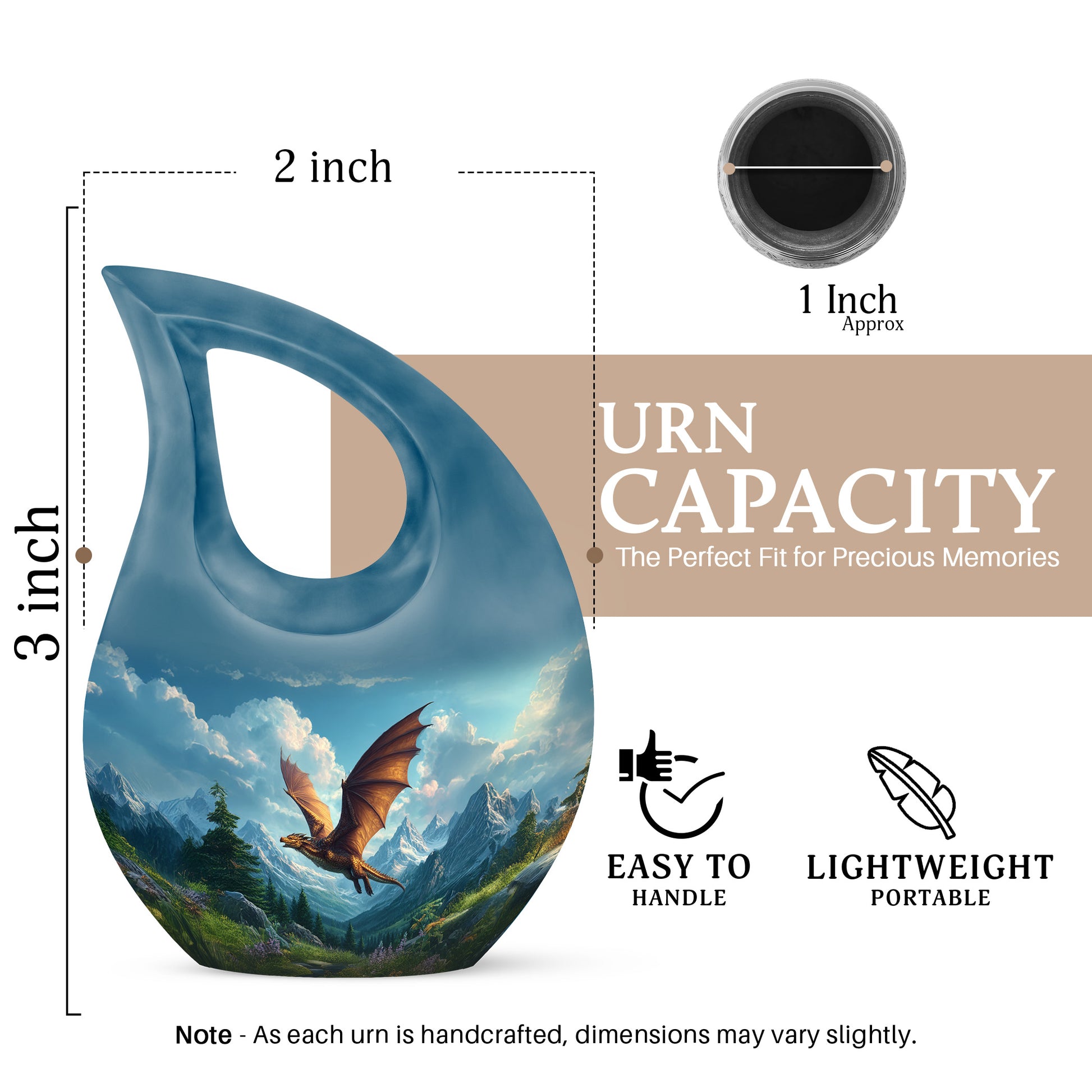 Sky Blue Dragon Cremation Urn back view with polished surface - cross and dragon combined in spiritual memorial design - mini keepsake memorial for portion of cremation ashes