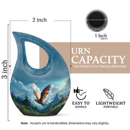 Sky Blue Dragon Cremation Urn back view with polished surface - cross and dragon combined in spiritual memorial design - mini keepsake memorial for portion of cremation ashes