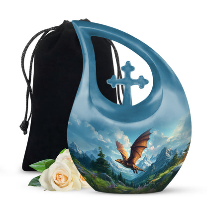 Serene Blue Dragon Cremation Urn top-down view of secure threaded lid - devotional cross-drop dragon engraving - full-size 10 inch 200 cubic inch adult cremation urn