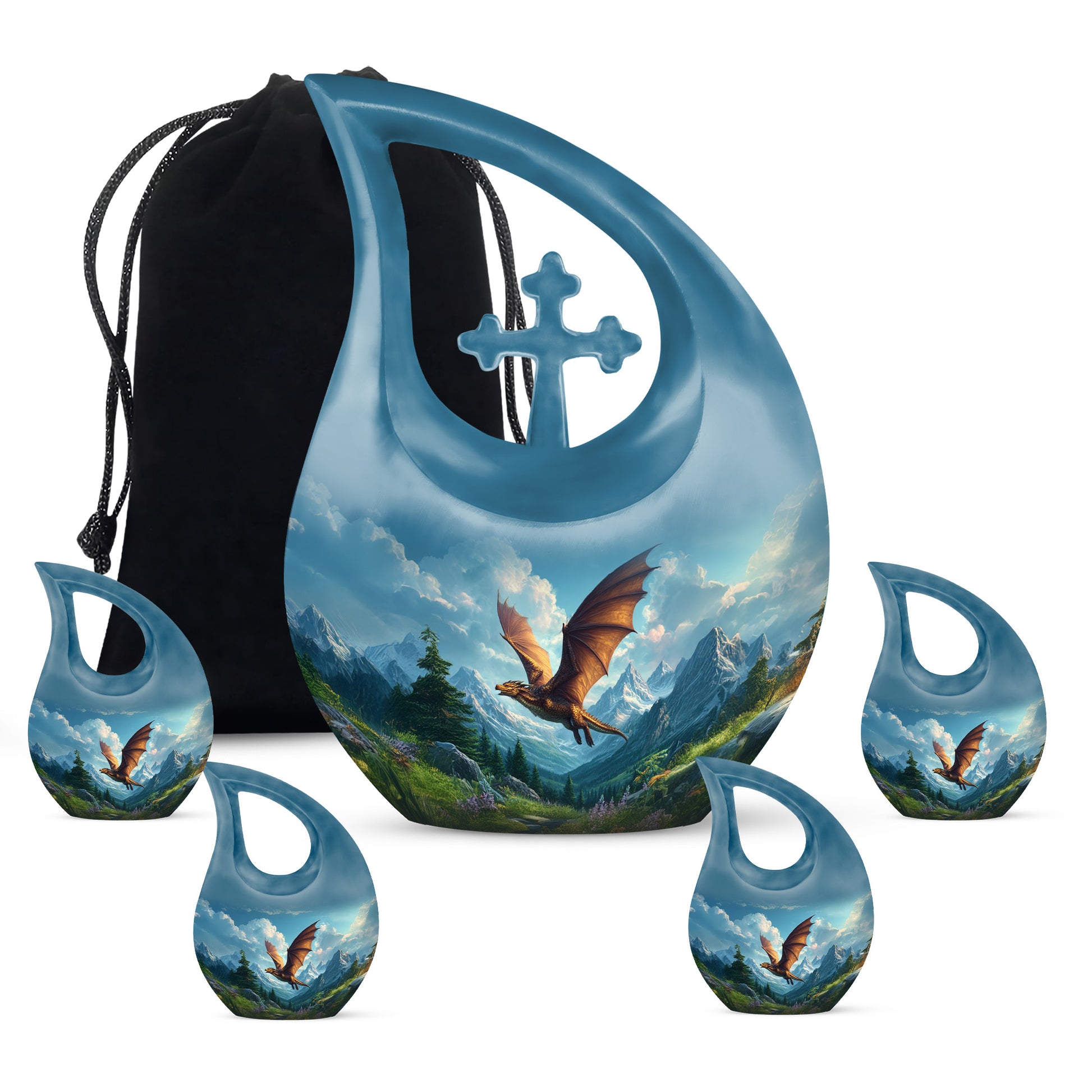 Steel Blue Dragon Cremation Urn urn with complimentary velvet bag - devotional cross-drop dragon engraving - memorial set with one large and four small urns