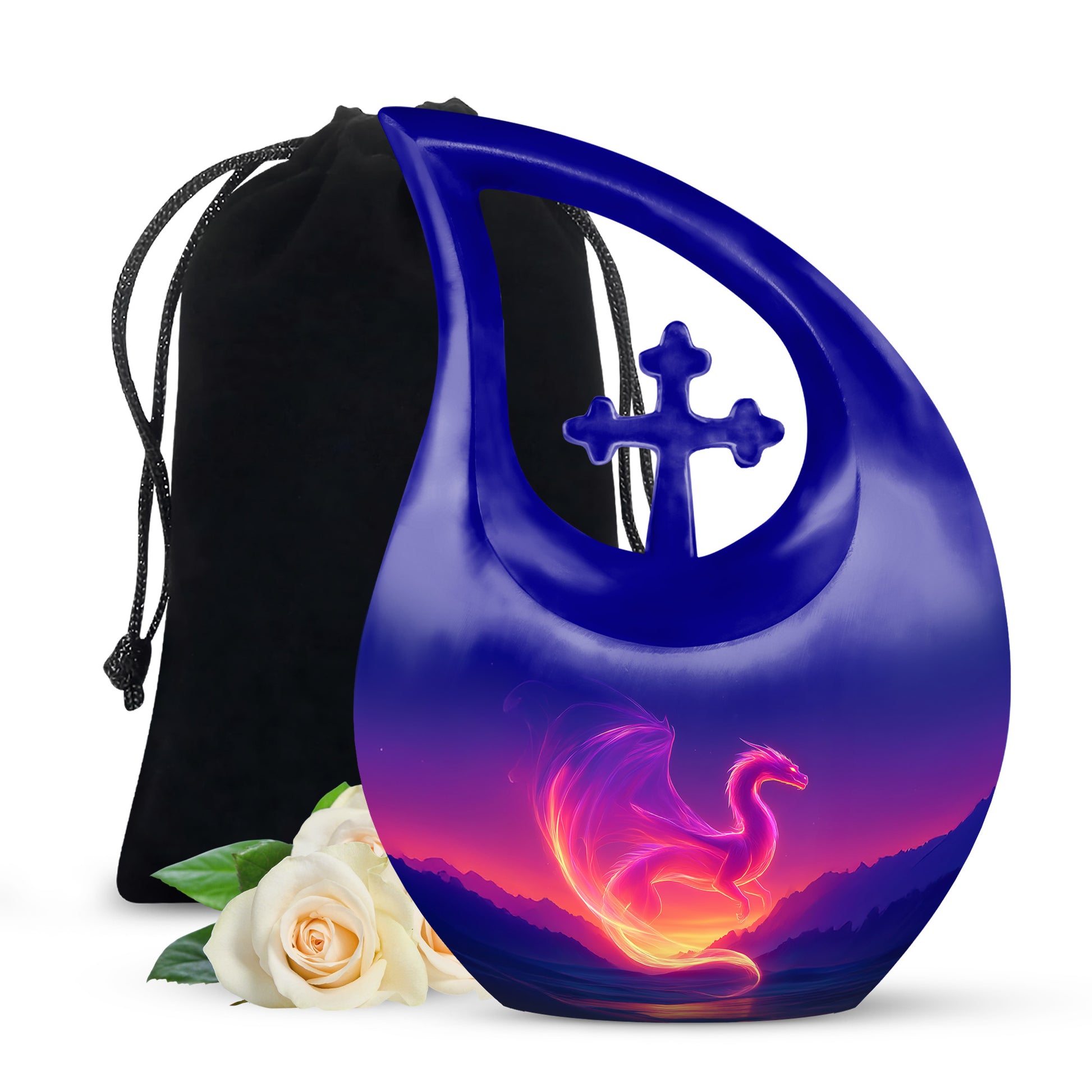 Slate Blue Dragon Cremation Urn top-down view of secure threaded lid - cross and dragon combined in spiritual memorial design - full-size 10 inch 200 cubic inch adult cremation urn