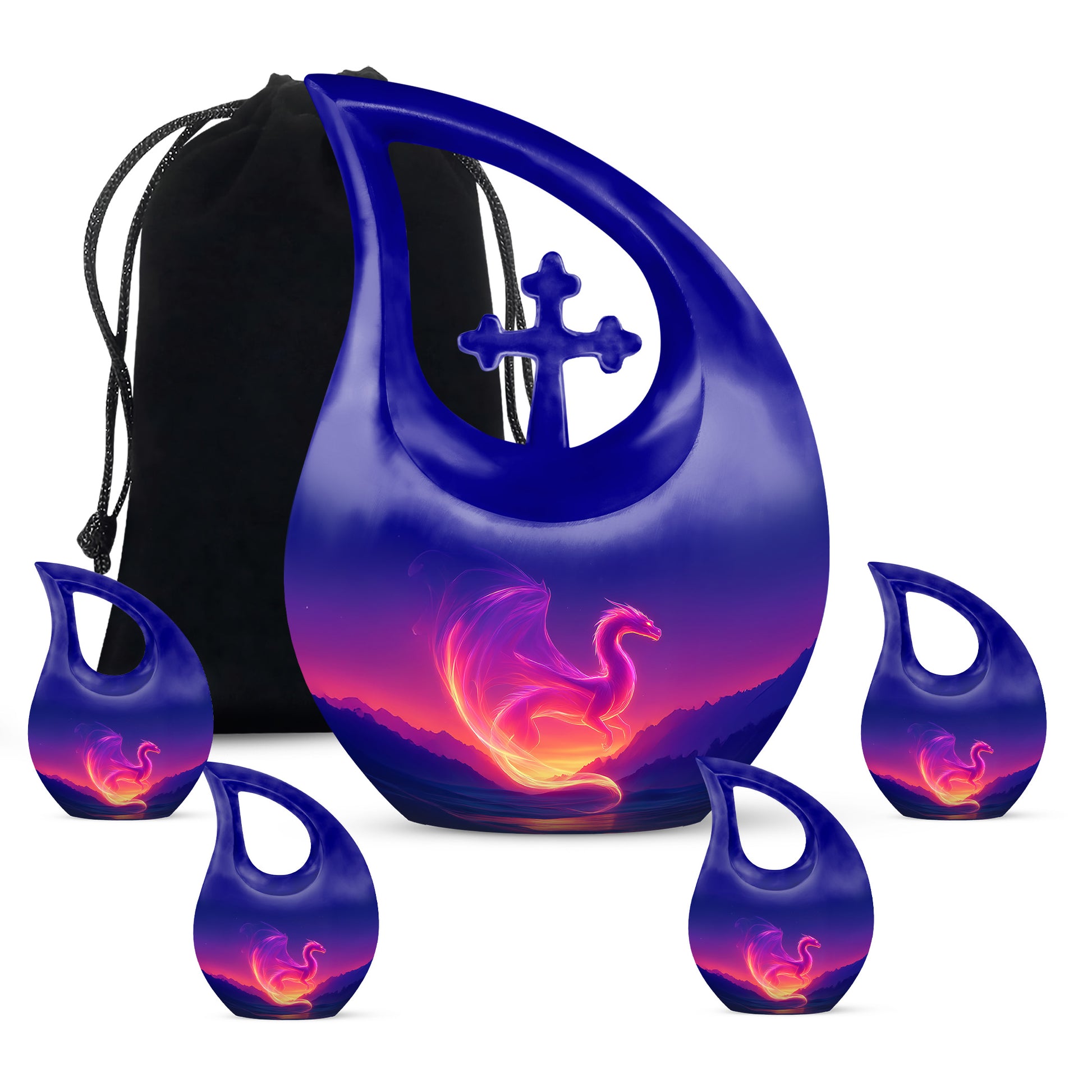 Dusty Blue Dragon Cremation Urn urn with complimentary velvet bag - cross and dragon combined in spiritual memorial design - memorial set with one large and four small urns