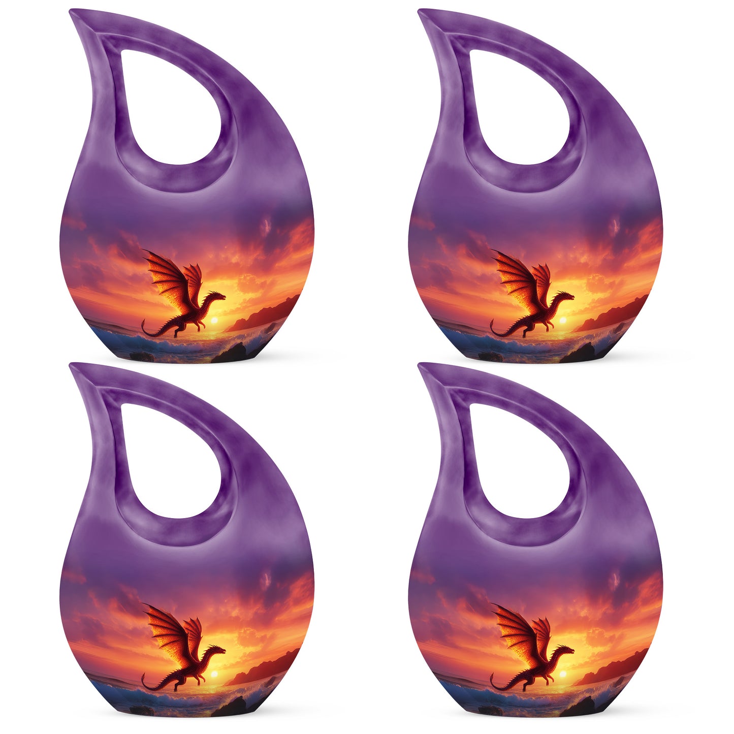 Violet Purple Dragon Cremation Urn lifestyle display on memorial shelf - faith-inspired cross-drop urn with dragon pattern - 10 inch aluminum urn for cremated remains