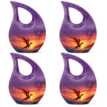 Violet Purple Dragon Cremation Urn lifestyle display on memorial shelf - faith-inspired cross-drop urn with dragon pattern - 10 inch aluminum urn for cremated remains