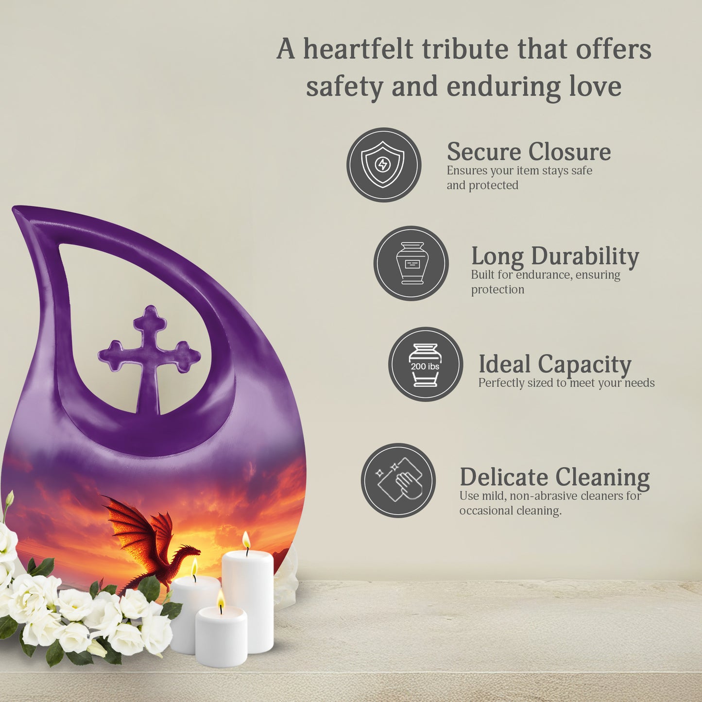 Deep Purple Dragon Cremation Urn top-down view of secure threaded lid - cross and dragon combined in spiritual memorial design - full-size 10 inch 200 cubic inch adult cremation urn