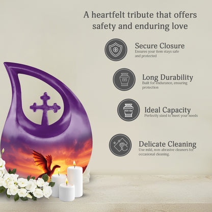 Deep Purple Dragon Cremation Urn top-down view of secure threaded lid - cross and dragon combined in spiritual memorial design - full-size 10 inch 200 cubic inch adult cremation urn