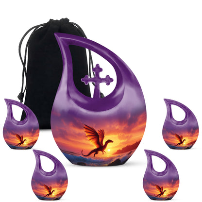 Twilight Purple Dragon Cremation Urn urn with complimentary velvet bag - faith-inspired cross-drop urn with dragon pattern - memorial set with one large and four small urns