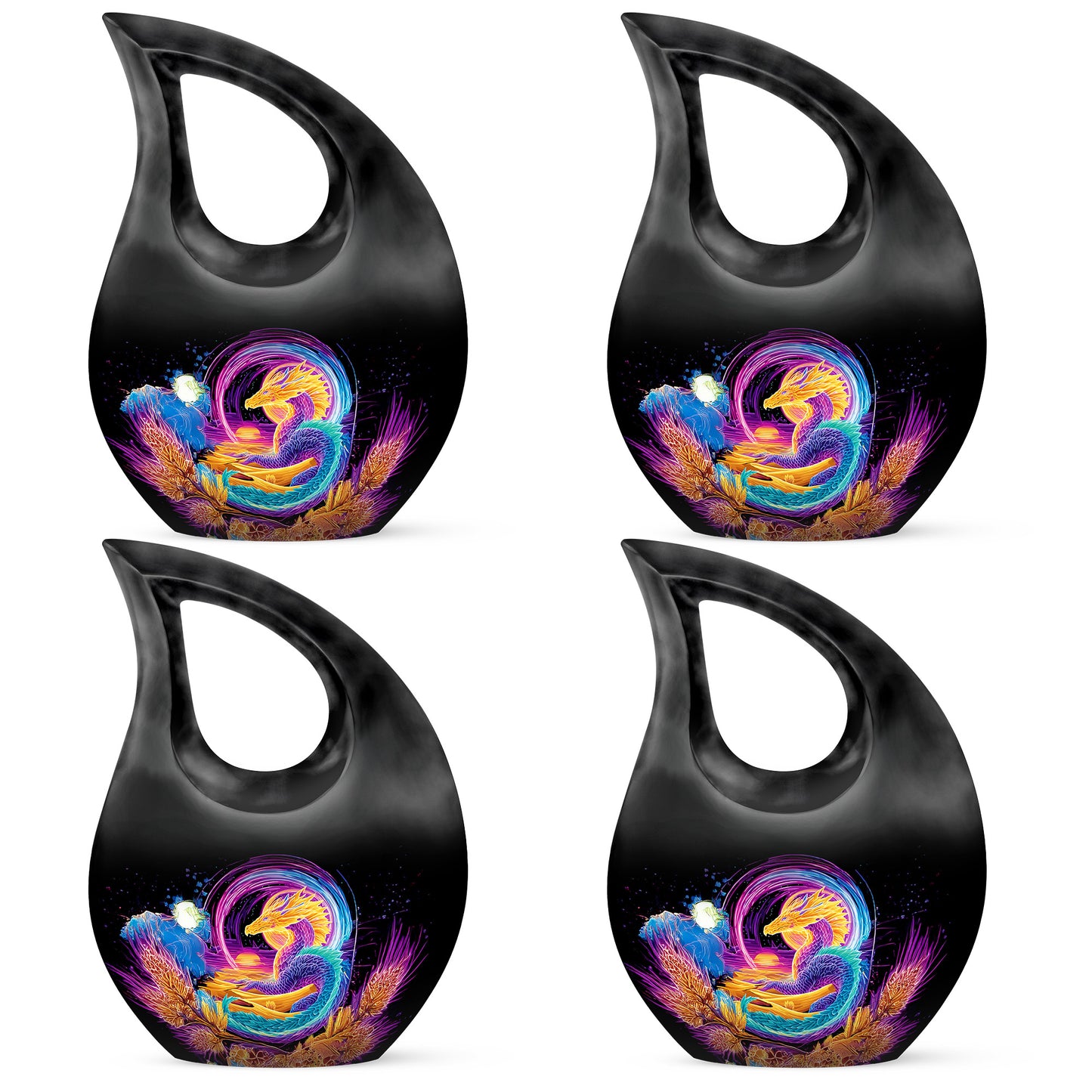 Onyx Black Dragon Cremation Urn lifestyle display on memorial shelf - faith-inspired cross-drop urn with dragon pattern - 10 inch aluminum urn for cremated remains
