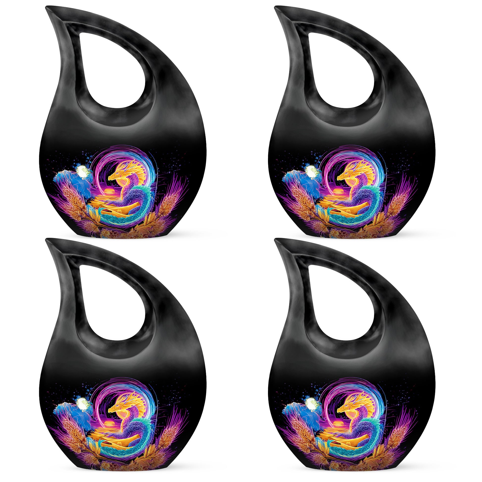 Onyx Black Dragon Cremation Urn lifestyle display on memorial shelf - faith-inspired cross-drop urn with dragon pattern - 10 inch aluminum urn for cremated remains