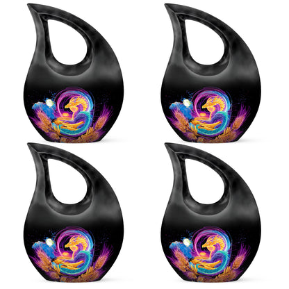 Onyx Black Dragon Cremation Urn lifestyle display on memorial shelf - faith-inspired cross-drop urn with dragon pattern - 10 inch aluminum urn for cremated remains