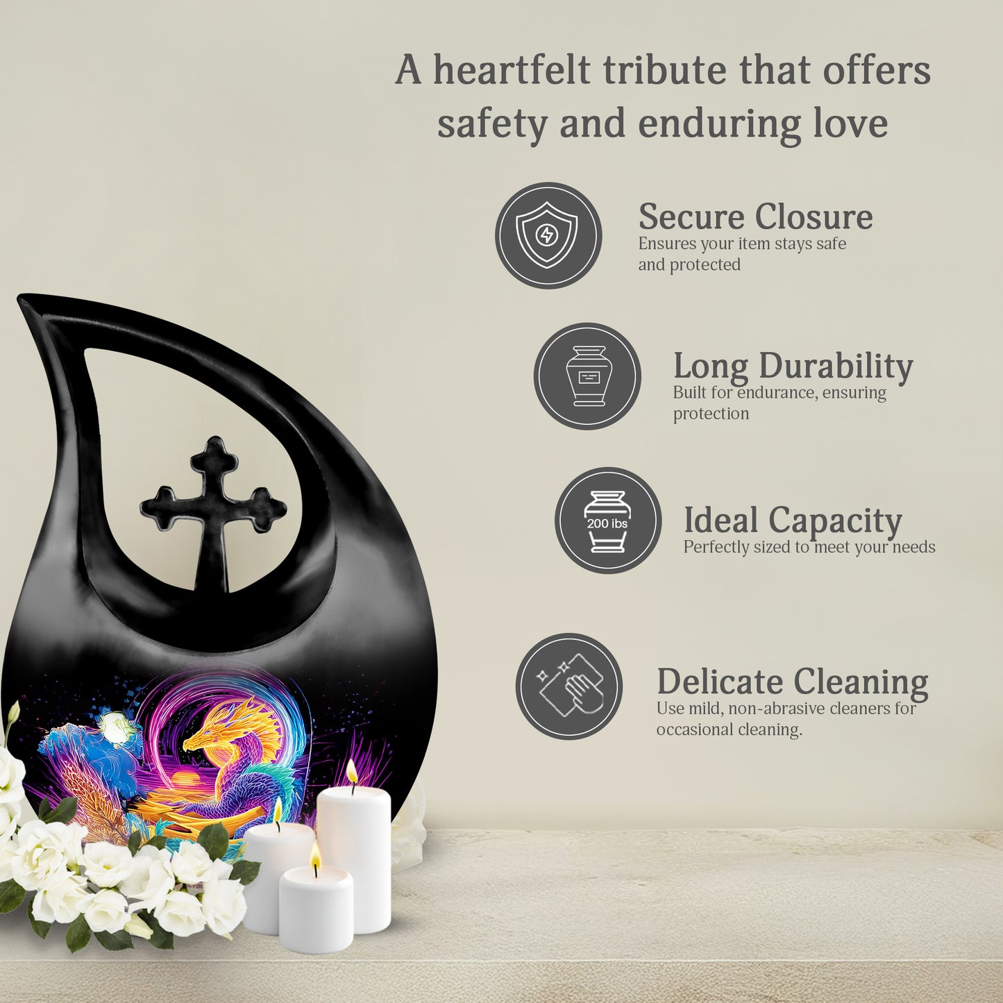 Rich Black Dragon Cremation Urn top-down view of secure threaded lid - cross and dragon combined in spiritual memorial design - full-size 10 inch 200 cubic inch adult cremation urn