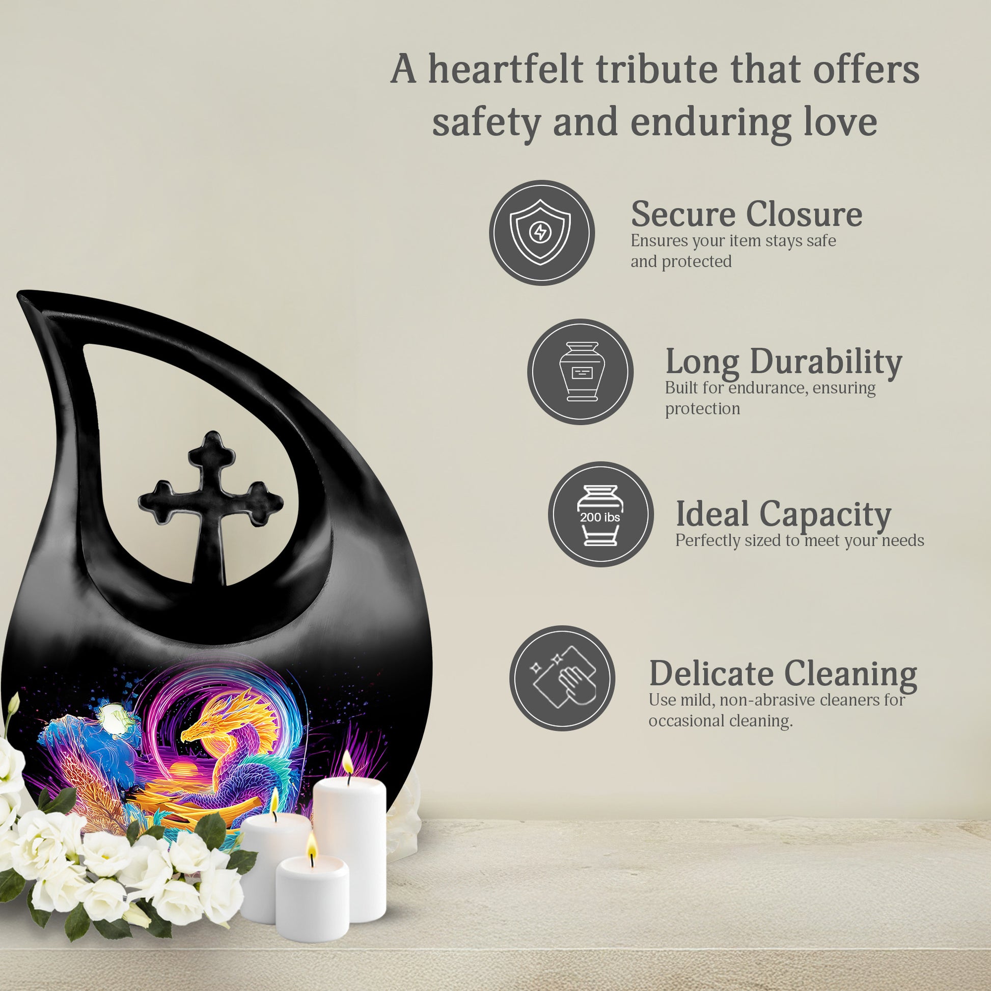 Rich Black Dragon Cremation Urn top-down view of secure threaded lid - cross and dragon combined in spiritual memorial design - full-size 10 inch 200 cubic inch adult cremation urn