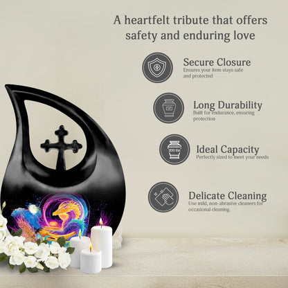 Rich Black Dragon Cremation Urn top-down view of secure threaded lid - cross and dragon combined in spiritual memorial design - full-size 10 inch 200 cubic inch adult cremation urn