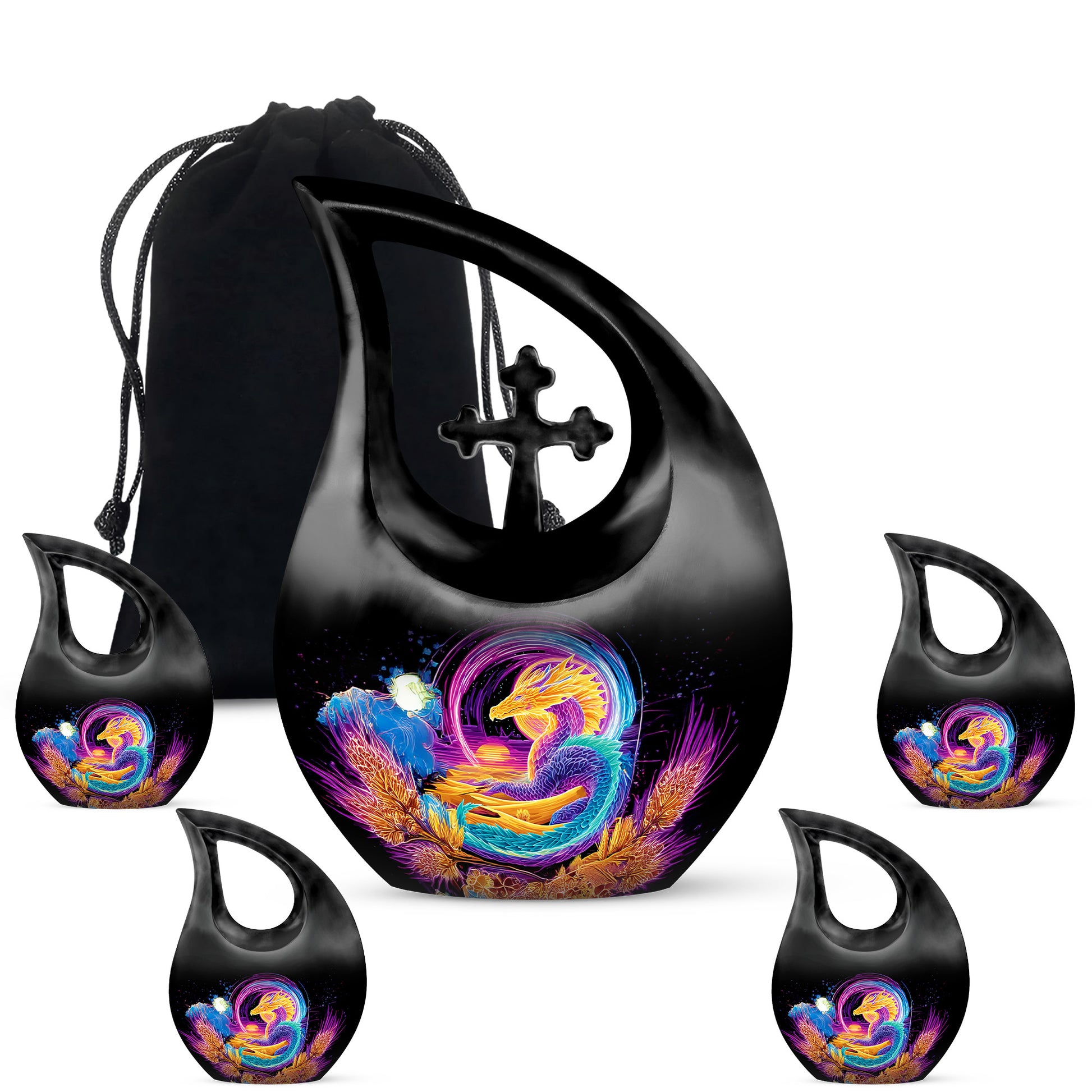 Dark Black Dragon Cremation Urn urn with complimentary velvet bag - faith-inspired cross-drop urn with dragon pattern - memorial set with one large and four small urns