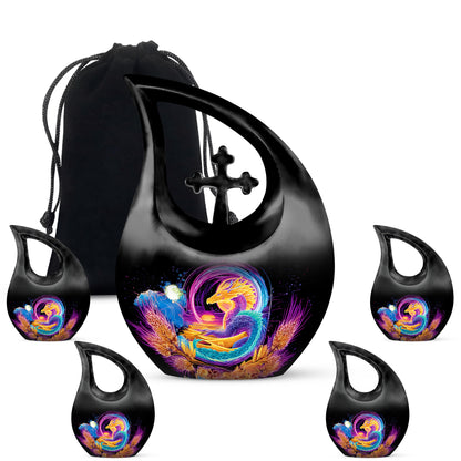 Dark Black Dragon Cremation Urn urn with complimentary velvet bag - faith-inspired cross-drop urn with dragon pattern - memorial set with one large and four small urns