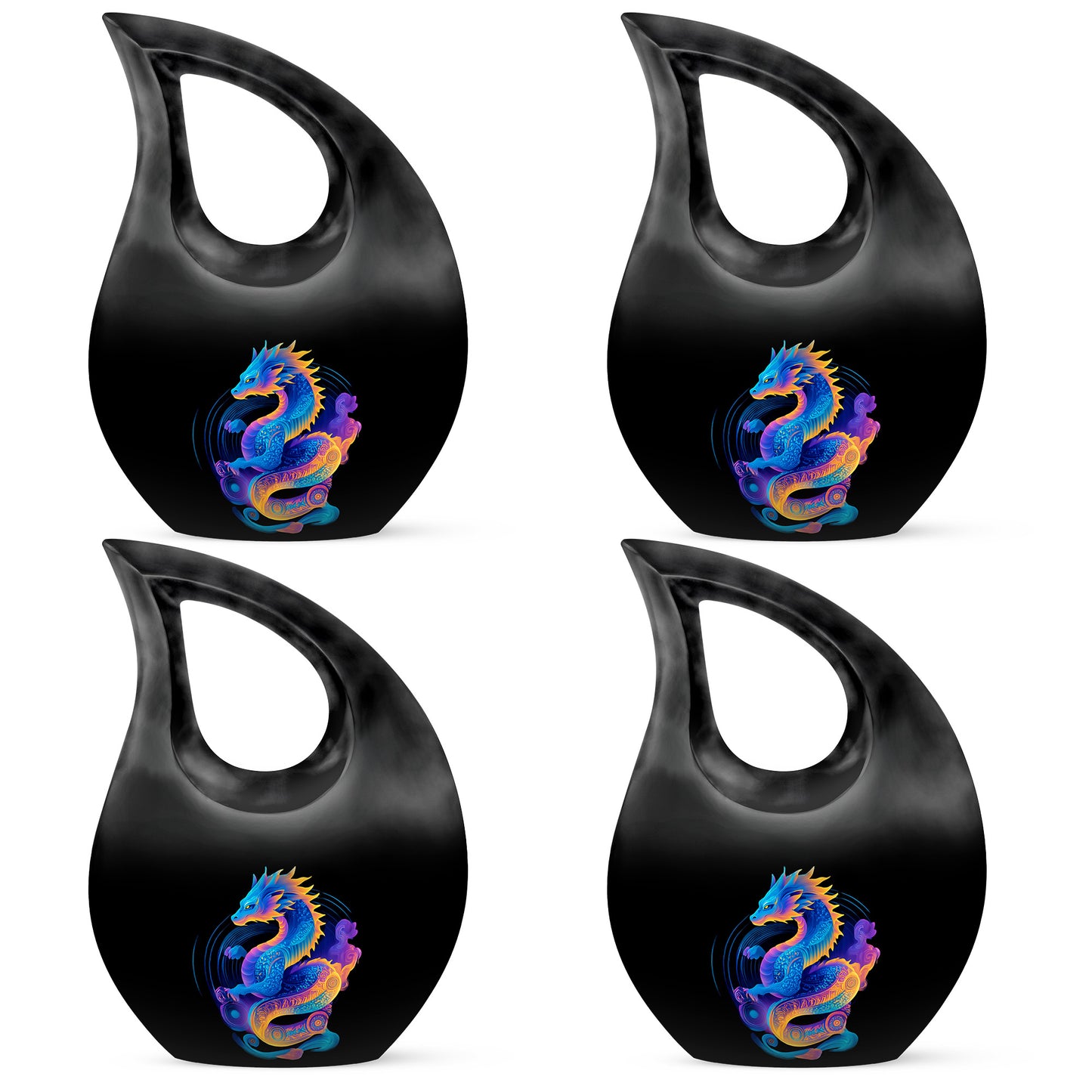 Jet Black Dragon Cremation Urn lifestyle display on memorial shelf - sacred cross merged with dragon motif on metal - 10 inch aluminum urn for cremated remains