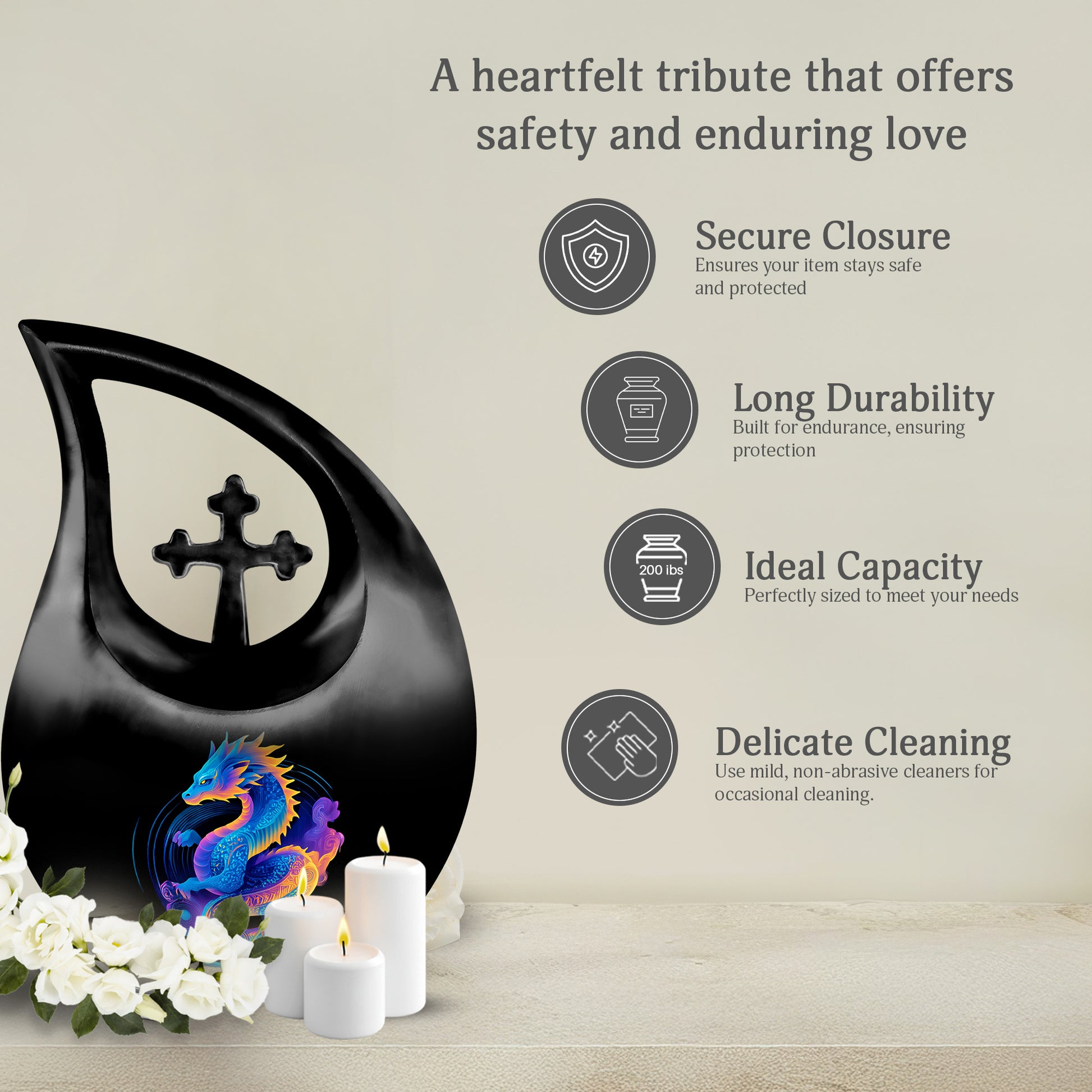 Midnight Black Dragon Cremation Urn top-down view of secure threaded lid - devotional cross-drop dragon engraving - full-size 10 inch 200 cubic inch adult cremation urn