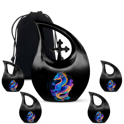 Midnight Black Dragon Cremation Urn urn with complimentary velvet bag - faith-inspired cross-drop urn with dragon pattern - memorial set with one large and four small urns