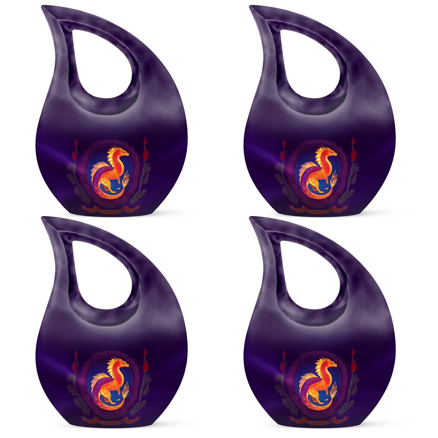Deep Purple Dragon Cremation Urn lifestyle display on memorial shelf - sacred cross merged with dragon motif on metal - 10 inch aluminum urn for cremated remains