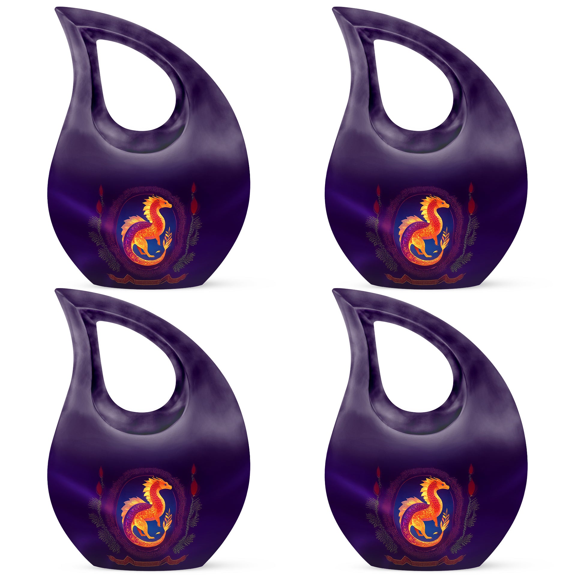 Deep Purple Dragon Cremation Urn lifestyle display on memorial shelf - sacred cross merged with dragon motif on metal - 10 inch aluminum urn for cremated remains