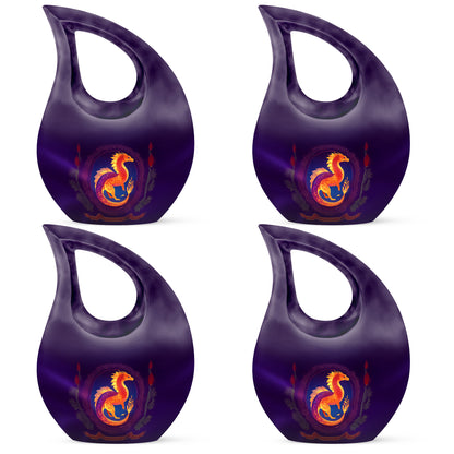 Deep Purple Dragon Cremation Urn lifestyle display on memorial shelf - sacred cross merged with dragon motif on metal - 10 inch aluminum urn for cremated remains