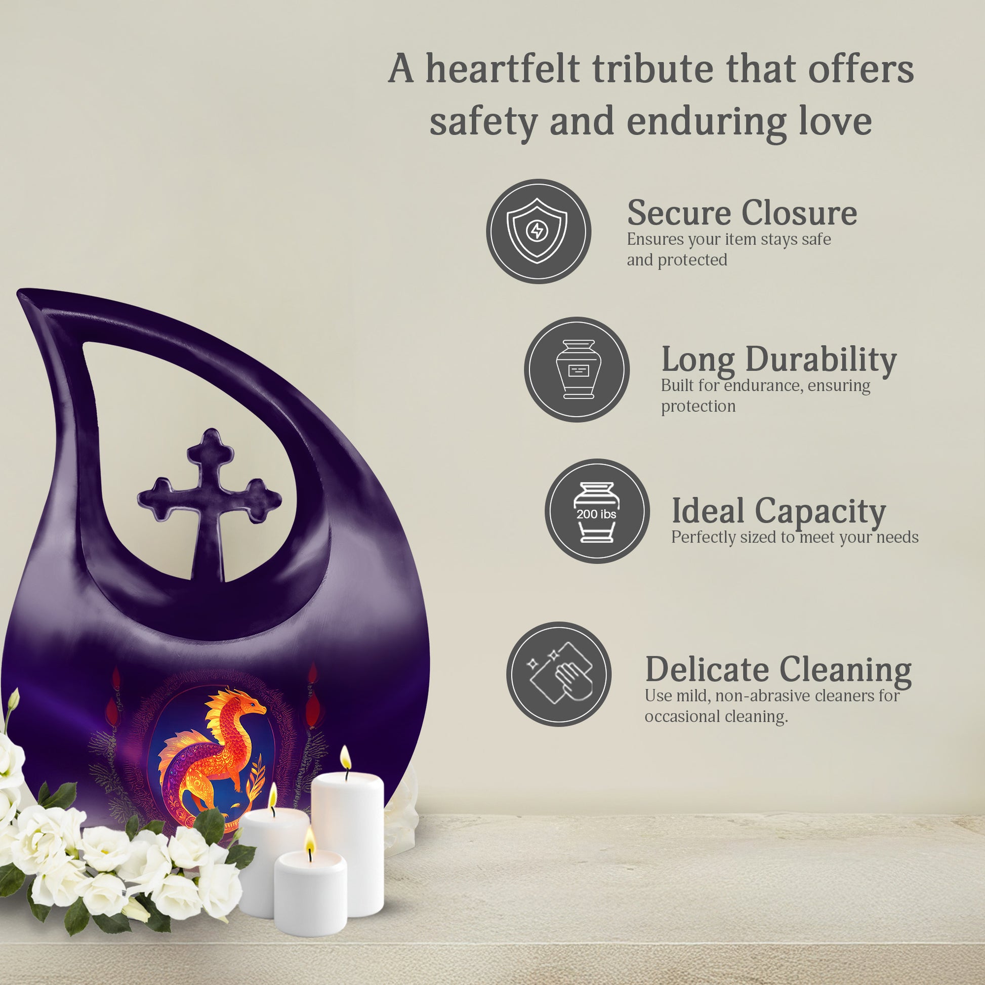 Violet Purple Dragon Cremation Urn top-down view of secure threaded lid - devotional cross-drop dragon engraving - full-size 10 inch 200 cubic inch adult cremation urn