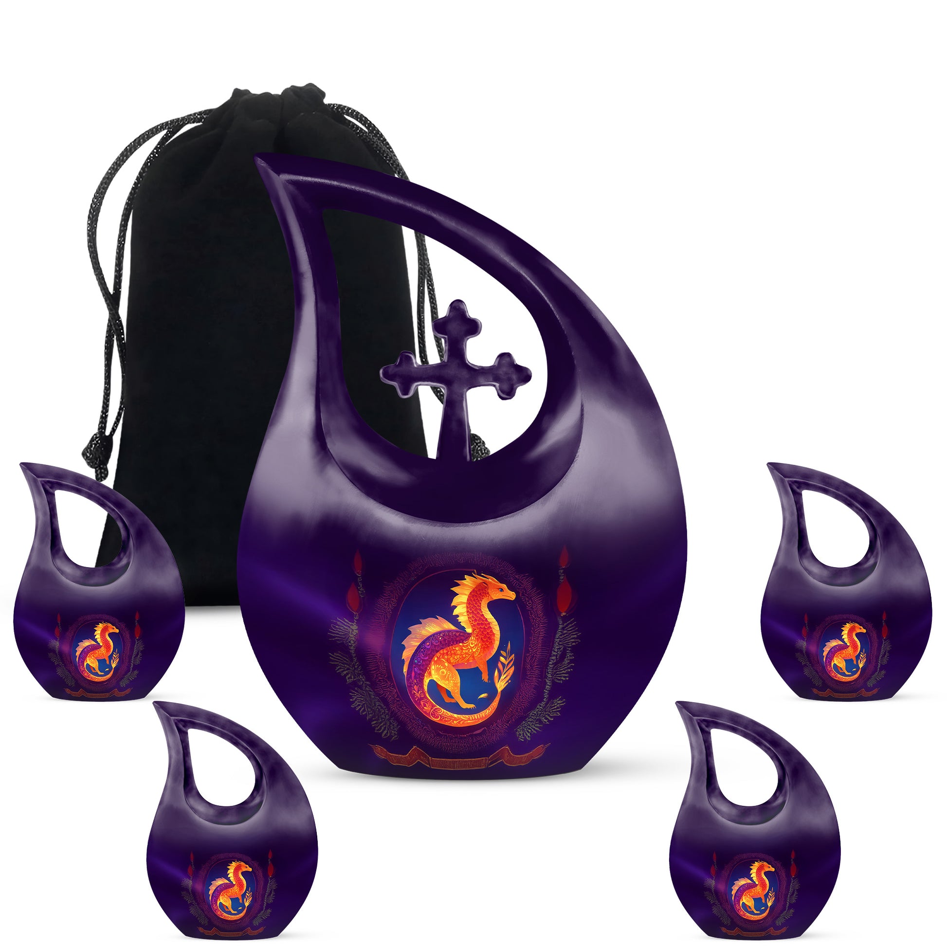 Majestic Purple Dragon Cremation Urn urn with complimentary velvet bag - sacred cross merged with dragon motif on metal - memorial set with one large and four small urns