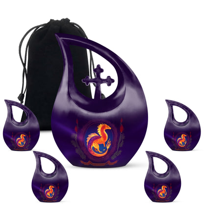 Majestic Purple Dragon Cremation Urn urn with complimentary velvet bag - sacred cross merged with dragon motif on metal - memorial set with one large and four small urns