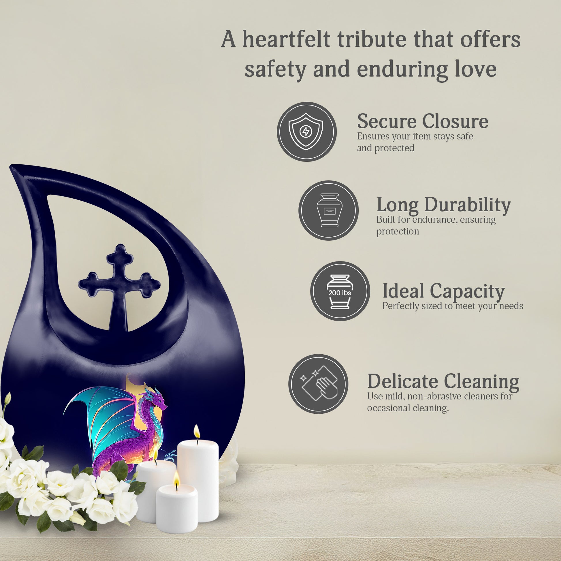 Vivid Blue Dragon Cremation Urn top-down view of secure threaded lid - faith-inspired cross-drop urn with dragon pattern - full-size 10 inch 200 cubic inch adult cremation urn