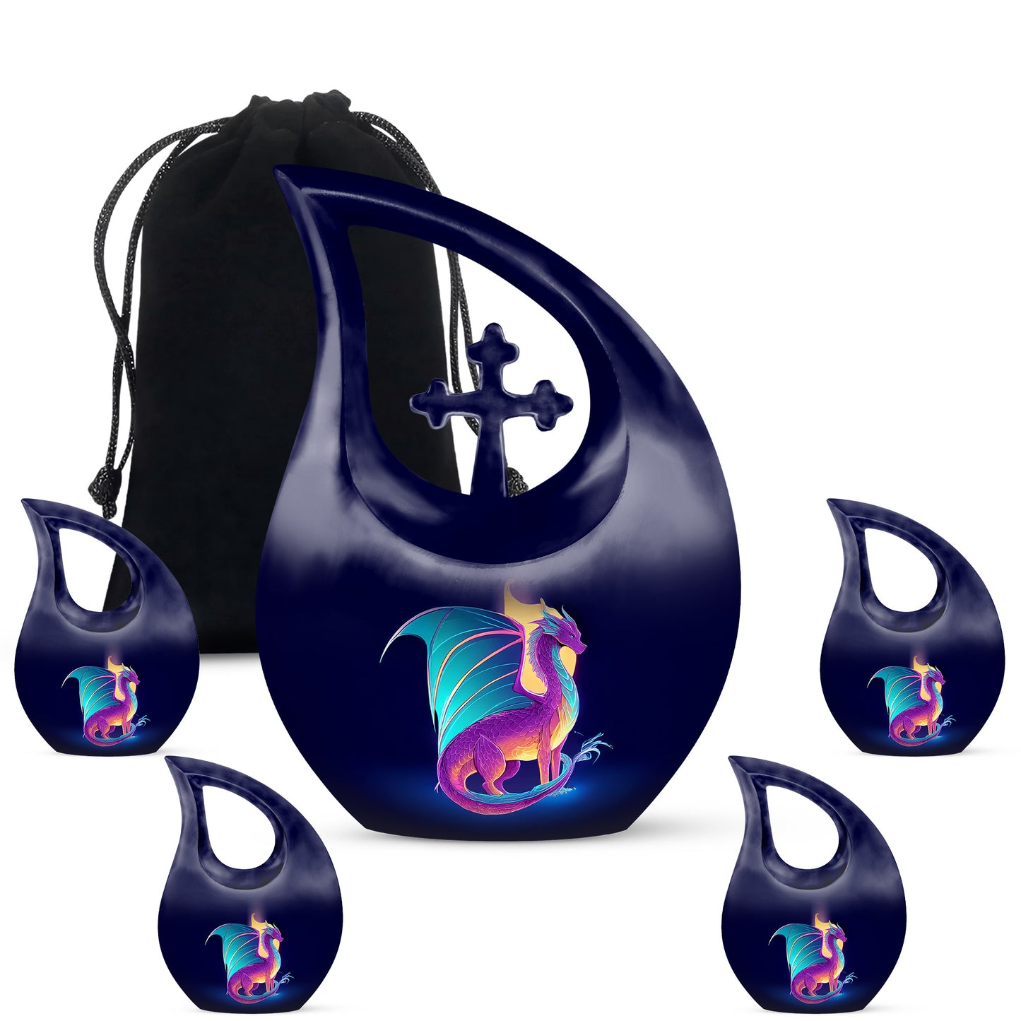Powder Blue Dragon Cremation Urn urn with complimentary velvet bag - cross and dragon combined in spiritual memorial design - memorial set with one large and four small urns