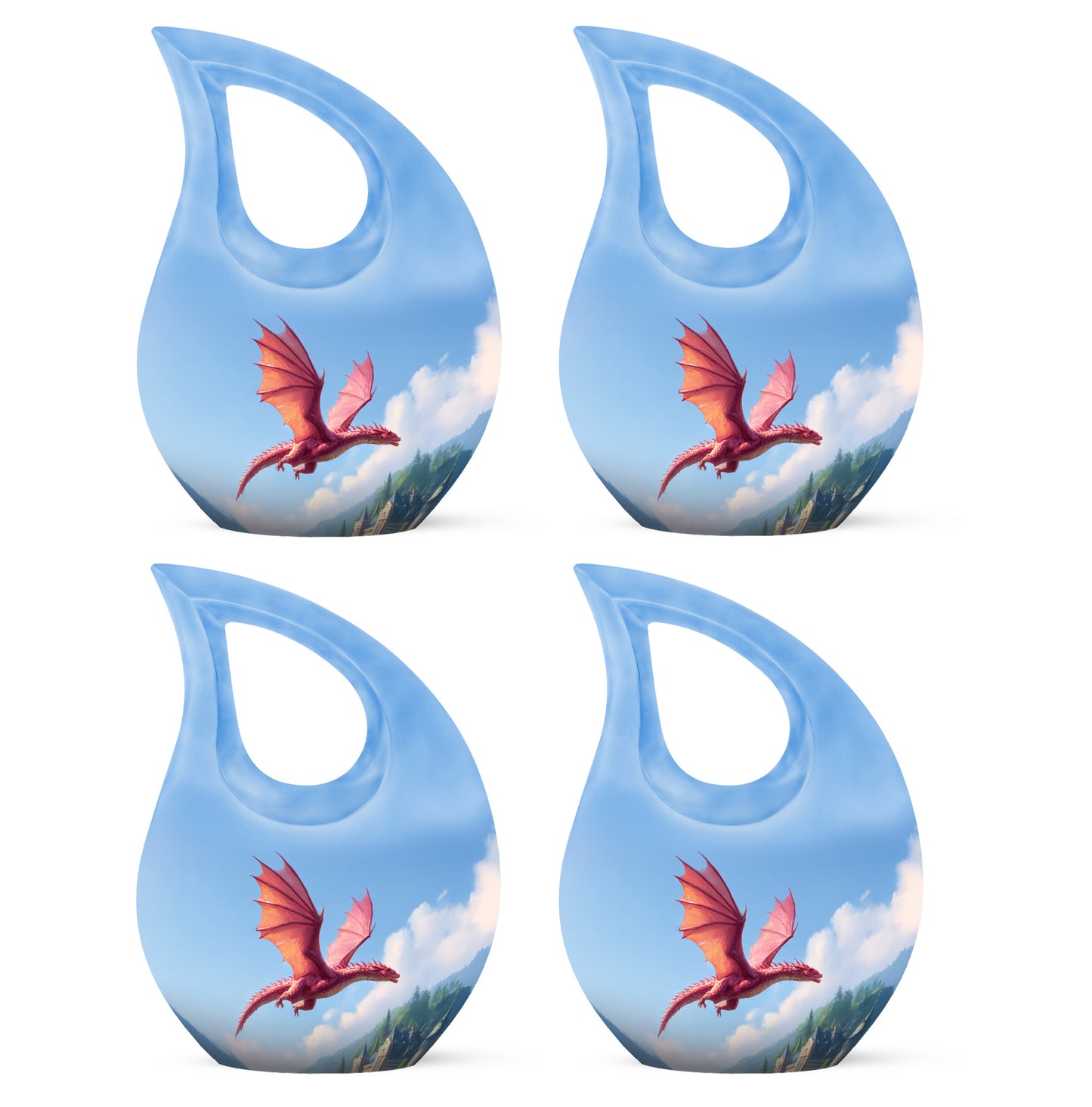 Dusty Blue Dragon Cremation Urn lifestyle display on memorial shelf - cross and dragon combined in spiritual memorial design - 10 inch aluminum urn for cremated remains