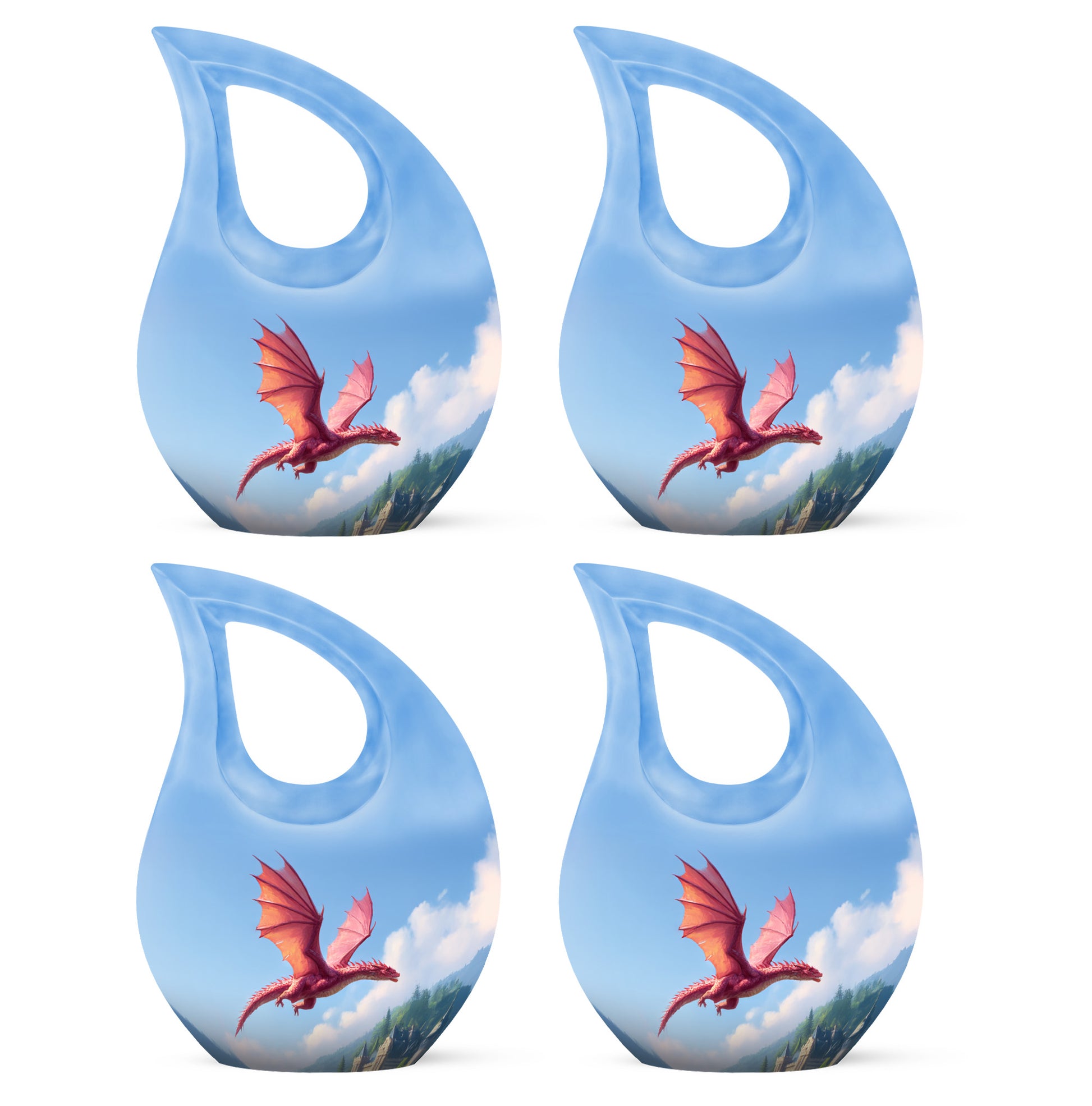 Dusty Blue Dragon Cremation Urn lifestyle display on memorial shelf - cross and dragon combined in spiritual memorial design - 10 inch aluminum urn for cremated remains