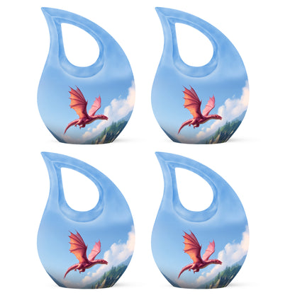 Dusty Blue Dragon Cremation Urn lifestyle display on memorial shelf - cross and dragon combined in spiritual memorial design - 10 inch aluminum urn for cremated remains