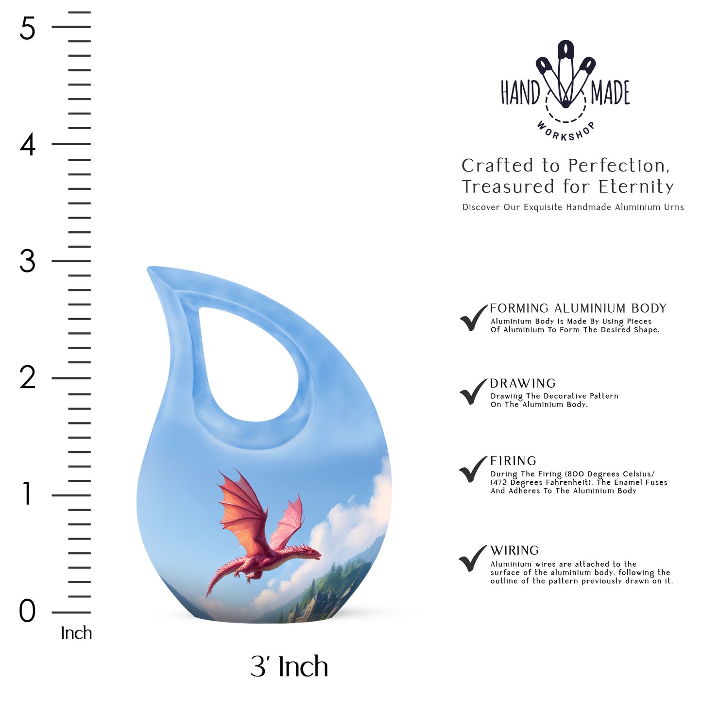 Dusty Blue Dragon Cremation Urn back view with polished surface - cross and dragon combined in spiritual memorial design - mini keepsake memorial for portion of cremation ashes