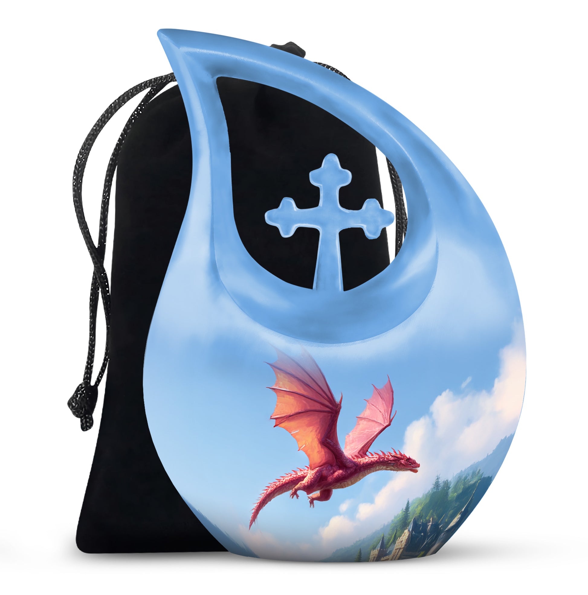 Icy Blue Dragon Cremation Urn top-down view of secure threaded lid - cross and dragon combined in spiritual memorial design - full-size 10 inch 200 cubic inch adult cremation urn