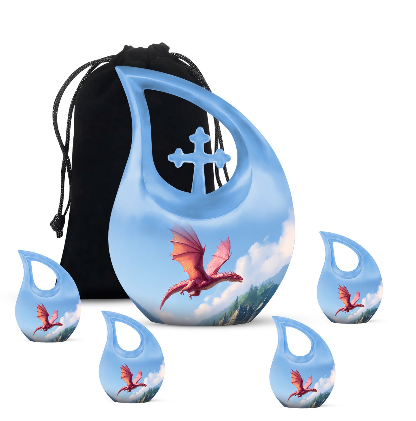 Slate Blue Dragon Cremation Urn urn with complimentary velvet bag - cross and dragon combined in spiritual memorial design - memorial set with one large and four small urns