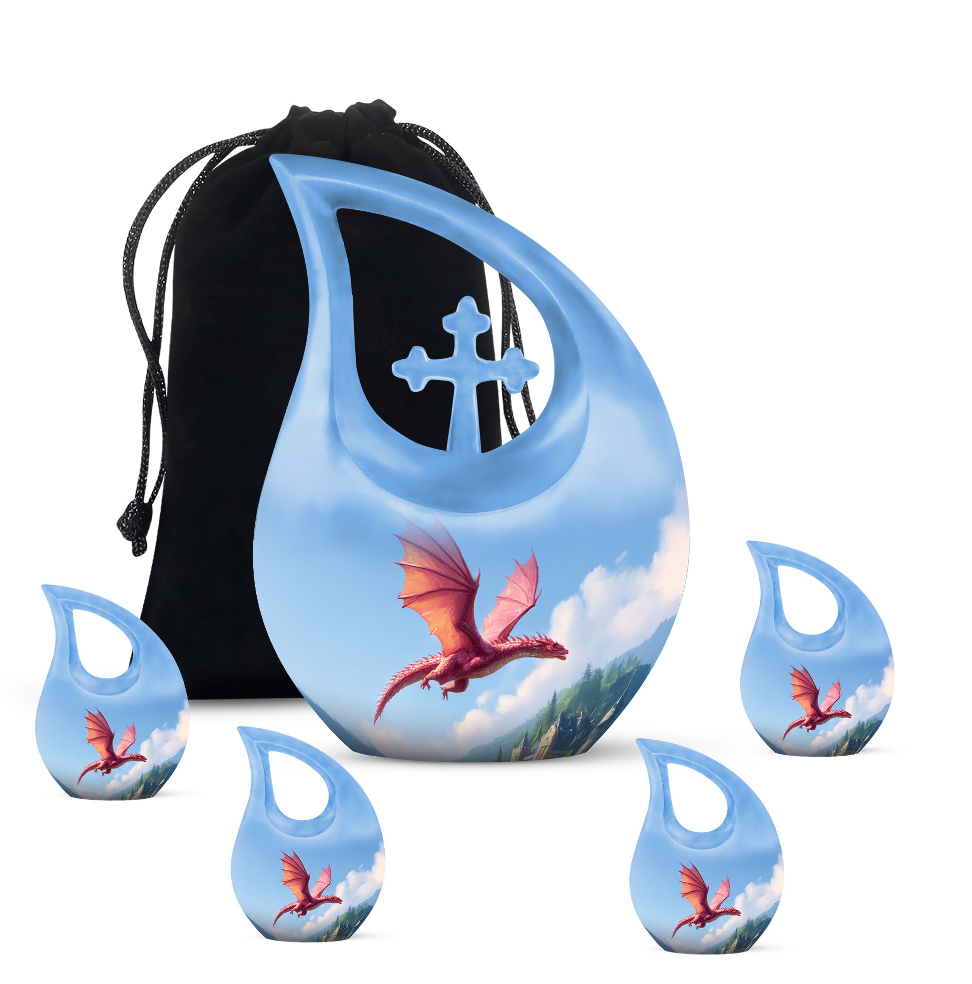 Slate Blue Dragon Cremation Urn urn with complimentary velvet bag - cross and dragon combined in spiritual memorial design - memorial set with one large and four small urns