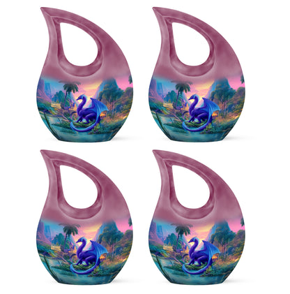 Serene Blue Dragon Cremation Urn lifestyle display on memorial shelf - faith-inspired cross-drop urn with dragon pattern - 10 inch aluminum urn for cremated remains