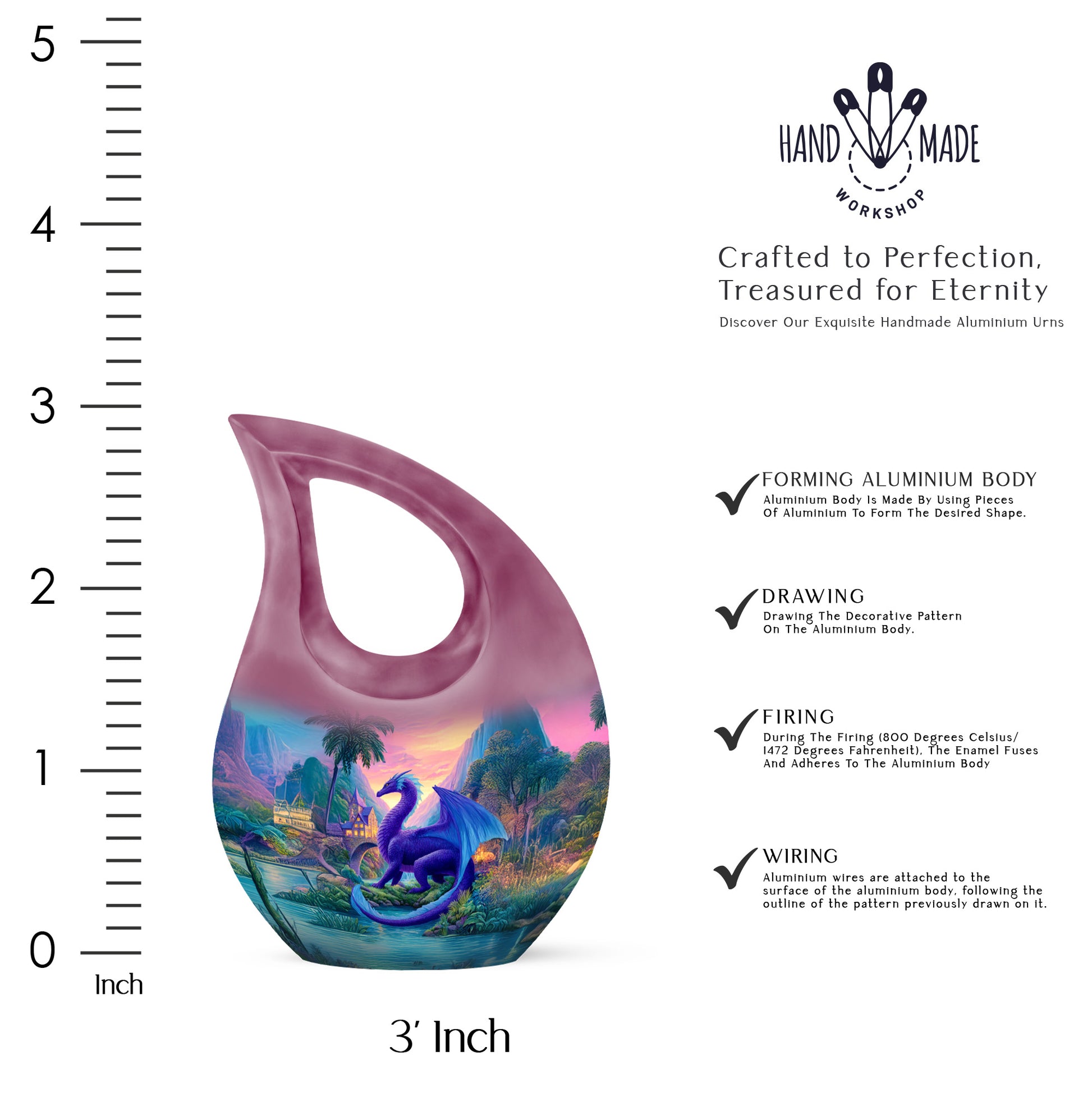 Dusty Blue Dragon Cremation Urn back view with polished surface - cross and dragon combined in spiritual memorial design - mini keepsake memorial for portion of cremation ashes