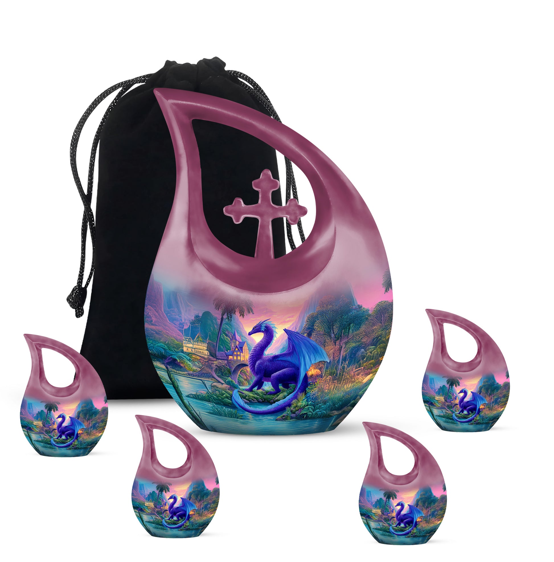 Azure Dragon Cremation Urn urn with complimentary velvet bag - sacred cross merged with dragon motif on metal - memorial set with one large and four small urns