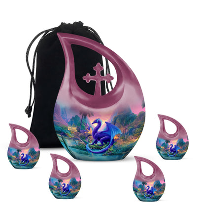Azure Dragon Cremation Urn urn with complimentary velvet bag - sacred cross merged with dragon motif on metal - memorial set with one large and four small urns